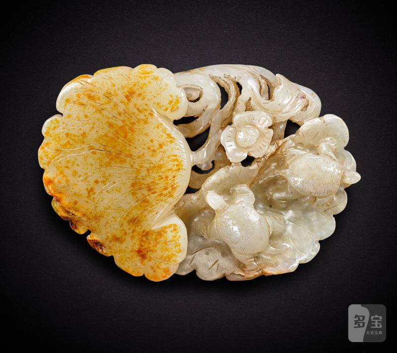 A white and russet jade 'turtles and leaf' pendant, Jin dynasty | 金 白玉龜游蓮荷珮